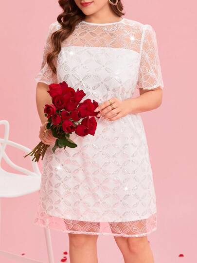 SHEIN Clasi Plus Size Women's Floral Patchwork Sequin Mesh Round Neck Short Sleeve Elegant Dress
