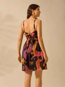 CAJUNI 女士度假休闲夏季波西米亚热带撞色动物印花黑色吊带短裙