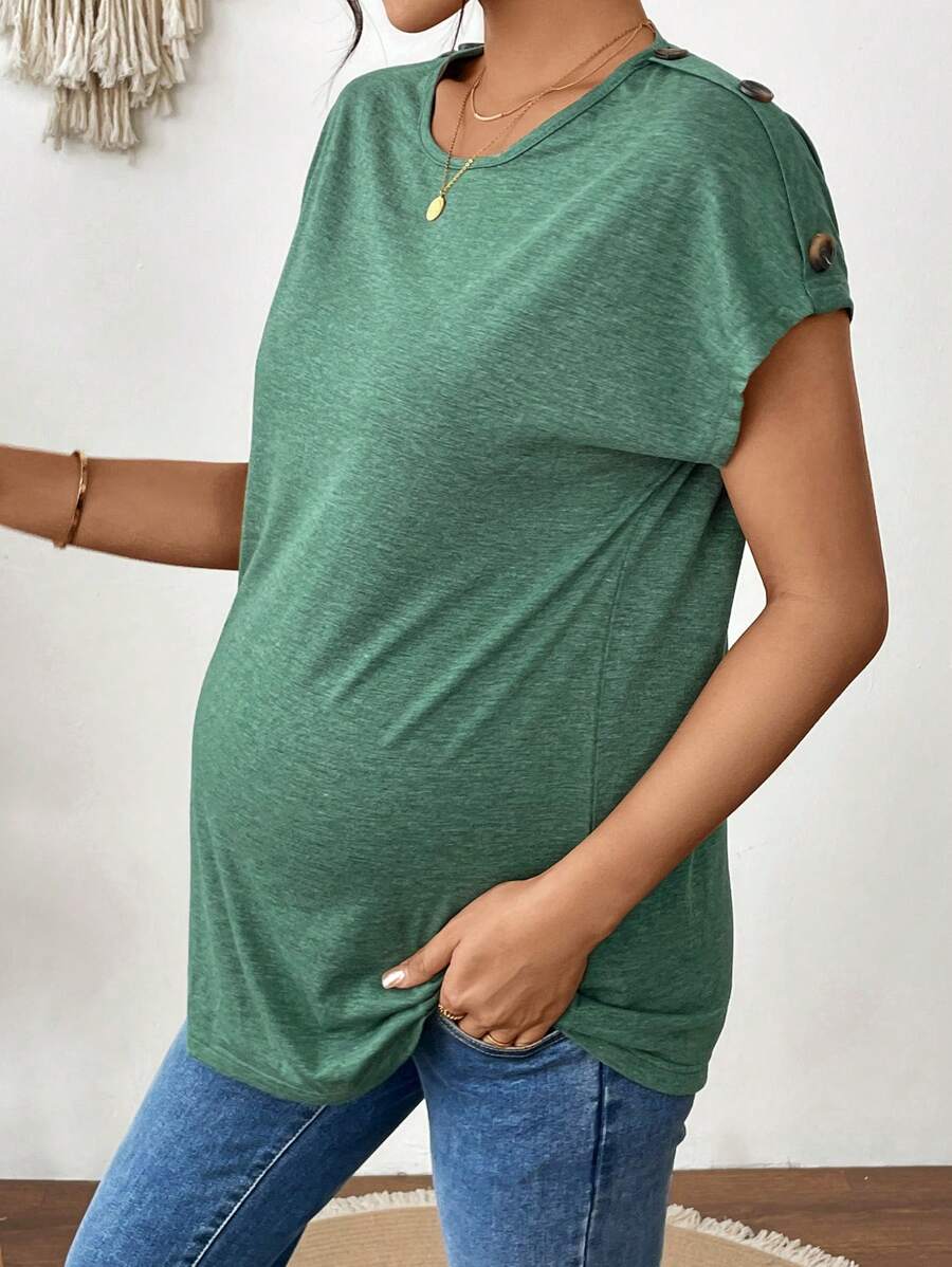 SHEIN Maternity Casual Batwing Sleeve T-Shirt With Button Decor - Dark Green - View 1