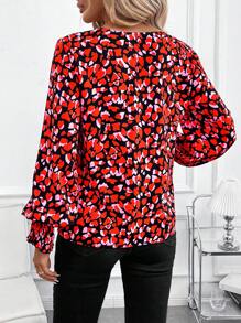 SHEIN Clasi 女士 V 领情人节心形图案衬衫 情人节衬衫 - 紅色 - 查看 2