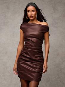 SHEIN BAE Women's Fashion Asymmetric Neckline Ruched Dress - Coffee Brown - View 2