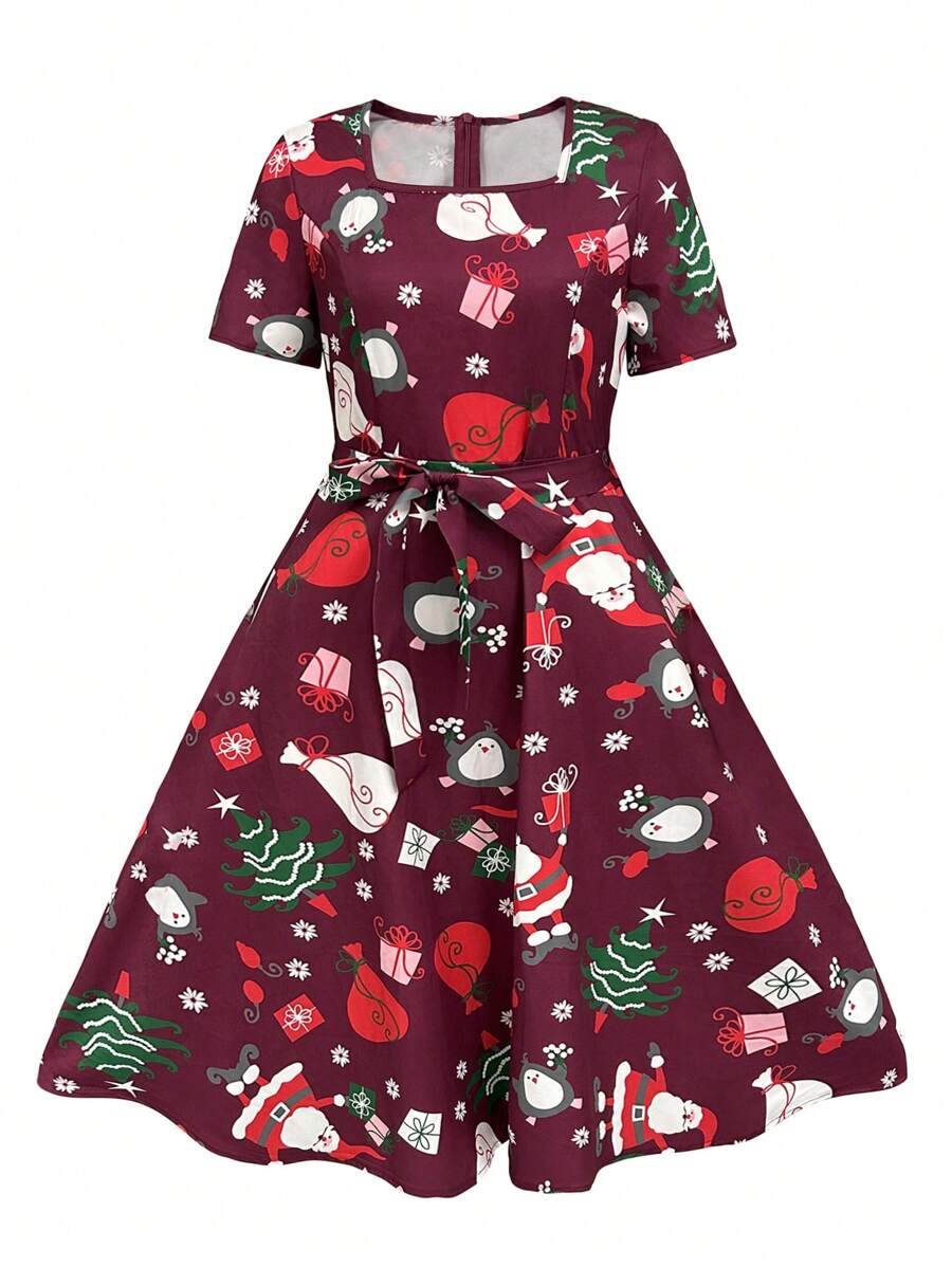 SHEIN Clasi Casual Christmas Print Short Sleeve Dress - Purple - View 1