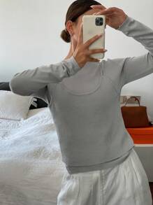 DAZY 1pc Women's Solid Color 2 In 1 Fitted Long Sleeve Crew Neck Sweater, Fall Clothes - Grey - View 7