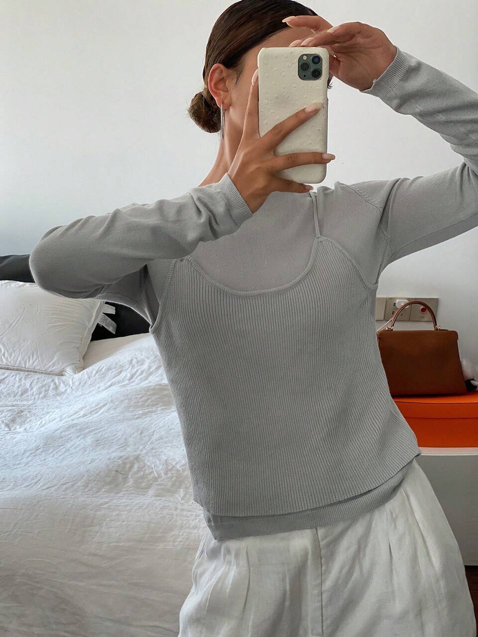 1pc Women's Solid Color 2 In 1 Fitted Long Sleeve Crew Neck Sweater, Fall Clothes