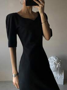 DAZY 女士纯色垂坠领收腰修身中长连衣裙，春夏优雅女装工作服，婚礼礼服 - 黑色 - 查看 5