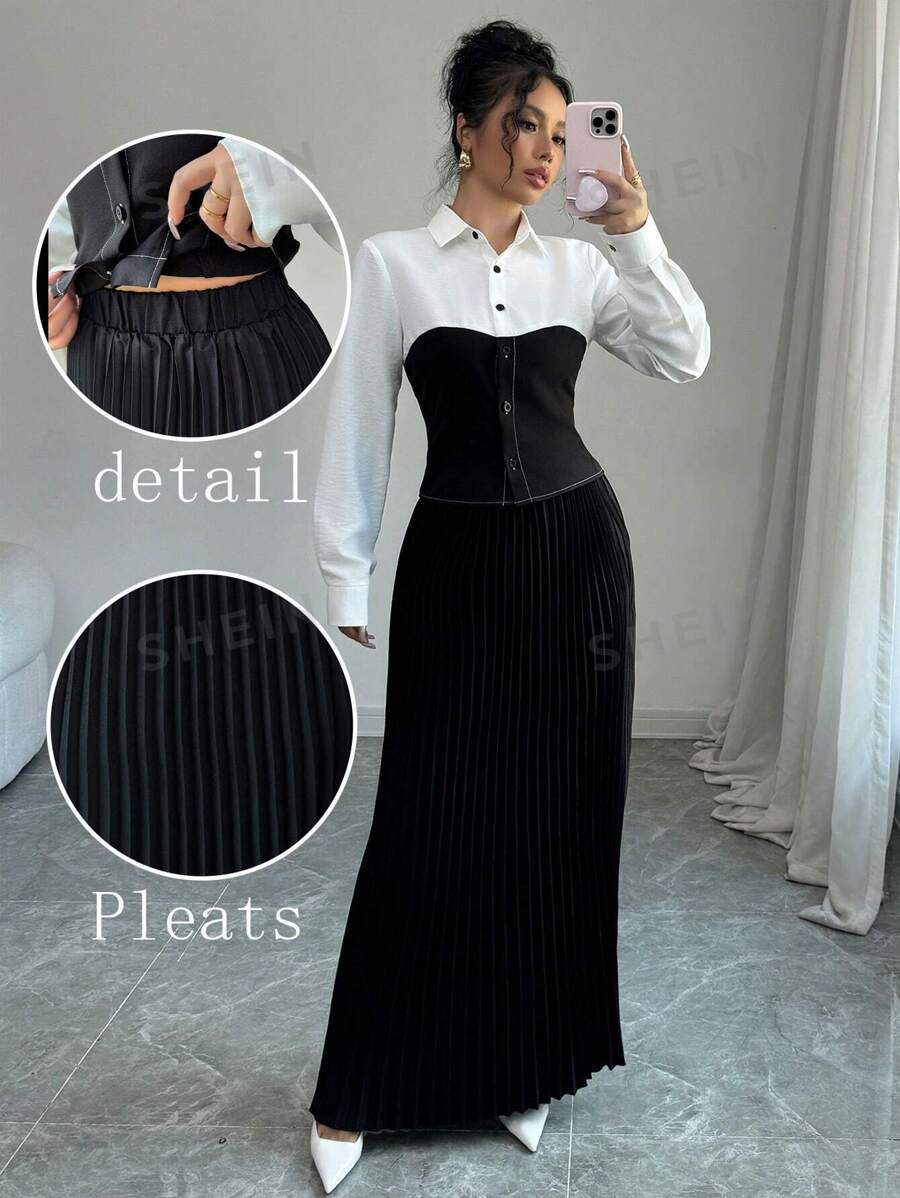 Chiquease Conjunto de 2 piezas de blusa ajustada con bloques de color elegante y falda con dobladillo plisado para mujer, para otoño