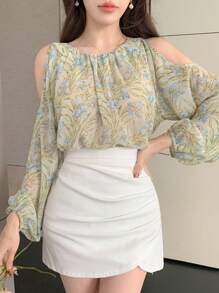 DAZY Ditsy Floral Vacation Blouse, Loose Fit Open Shoulder Long Sleeve Shirt For Women, Spring/Summer,Fall Clothes Graphic Tee - Green - View 1