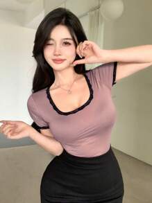 DAZY 女士休闲拼色蕾丝边短袖 T 恤 - 紫色 - 查看 6