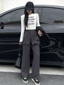 DAZY 女士纯色实用口袋缝线直筒裤