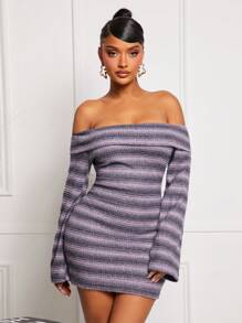 SHEIN SXY 1 chiếc váy ngắn hở vai kẻ sọc dài tay tối giản bó sát, mặc thường ngày, váy hở vai - Hồng - Xem 3