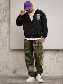 DAZY Sudadera con capucha negra con gráfico de tigre y letra para hombre, primavera