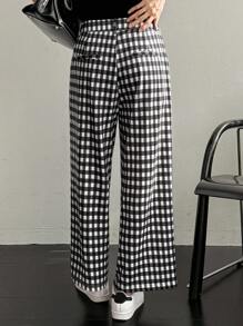 DAZY 黑白格子口袋休闲女式夏季西装裤商务装 - 黑色 - 查看 2