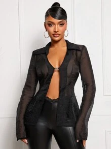 SHEIN SXY 女士时尚性感透明长袖衬衫，黑色长袖上衣， - 黑色 - 查看 4