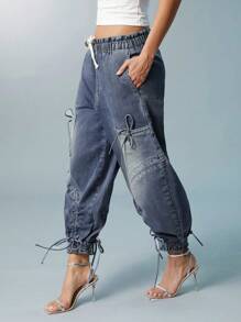 Denimoi Fashion Bleashed Adjustable Drawstring Cargo Jeans - Medium Wash - View 4