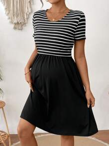 SHEIN Maternity Casual Striped Patchwork Nursing Dress - Black and White - View 5