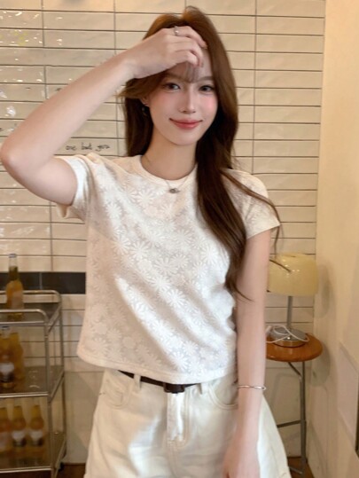 DAZY 女士休闲纹理面料略宽松 T 恤，夏季