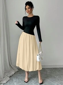 Chiquease Women Contrast Color Round Neck Long Sleeve Pleated Elegant Mid-Length Dress