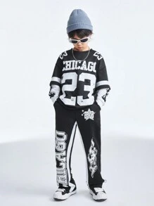 Coolane Kids Conjunto de dos piezas de suéter de manga larga estilo hip-hop con bloques de color negro y blanco y pantalón ancho de chándal, para niños preadolescentes en primavera/verano