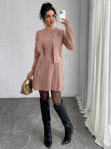 Chiquease 女式纯色长袖单排扣开衫，带褶边圆领无袖毛衣连衣裙 2 件套，秋冬