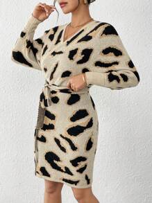 Omancia Váy len cổ chữ V họa tiết da báo thời trang mới 2024 dành cho nữ - Nhiều màu - Xem 6