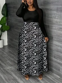 Slaydiva Plus Size Casual Simple Leopard Print Full-Width Dress, Autumn/Winter - Multicolor - View 1