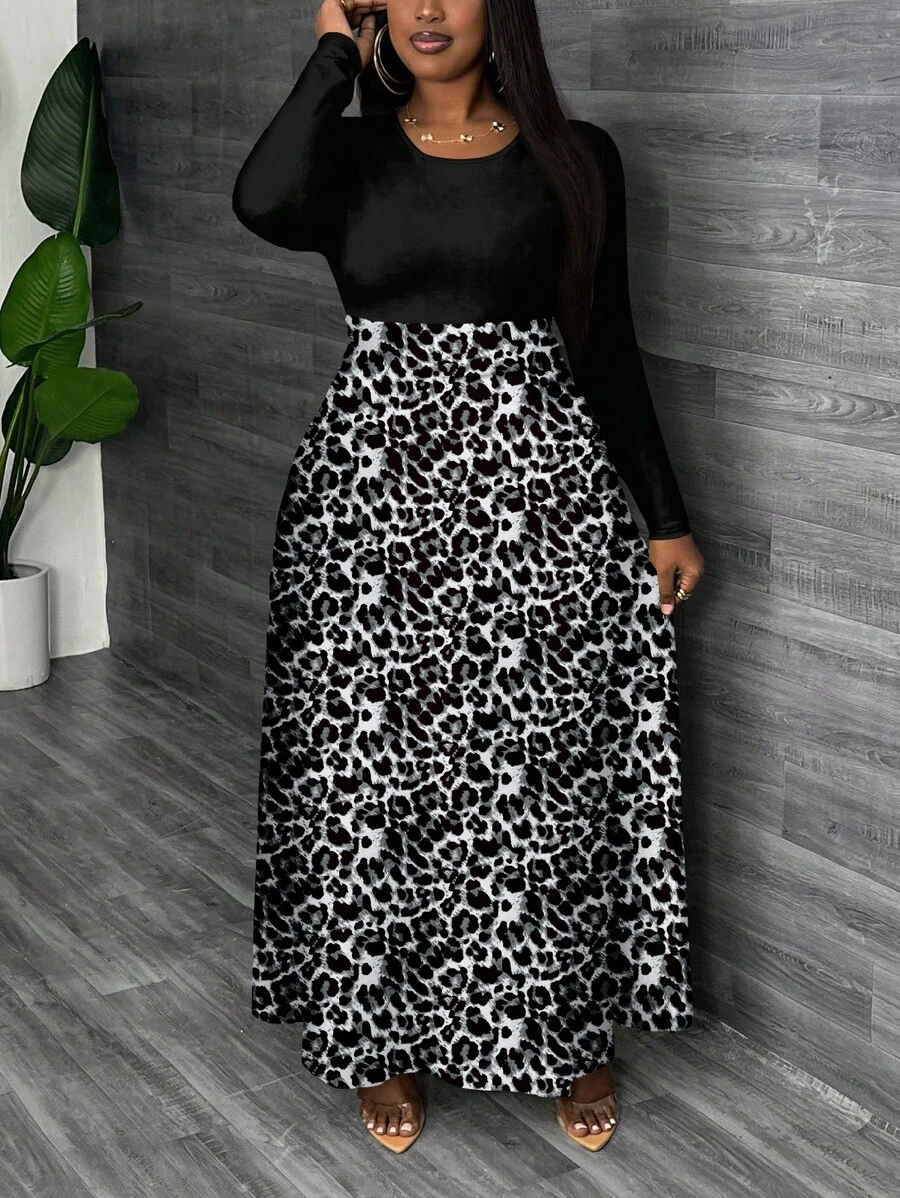 Slaydiva Plus Size Casual Simple Leopard Print Full-Width Dress, Autumn/Winter - Multicolor - View 1