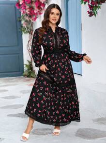 SHEIN VCAY 大码黑色底樱花印花 V 领蕾丝拼接长袖连衣裙，情人节浪漫度假连衣裙 - 黑色 - 查看 4