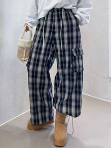 DAZY Women's Drawstring Side Pocket Plaid Cargo Pants, All Season - Navy Blue - View 6