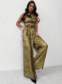 SHEIN Privé Set de 2 piezas con top sin mangas de cuello alto con lentejuelas doradas y pantalones de pierna ancha, atuendo lujoso para ir al trabajo o de vacaciones, ideal para el Día de San Valentín - Dorado - Ver 9