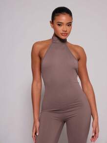 MUSERA High Neck Backless Unitard Sexy Club Spring Summer Vacation Elegant Date Night Cool Girl - Mocha Brown - View 5