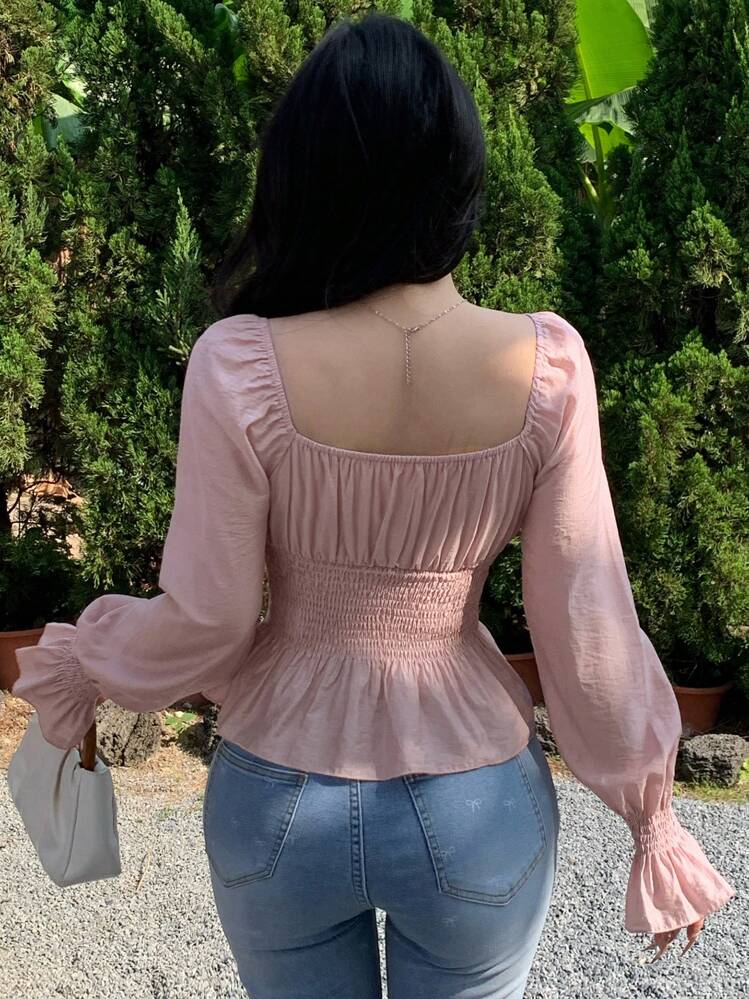 DAZY Women Square Collar Long Sleeve Ruffle Hem Crop Shirt,Back To School Clothes Valentine's Day Babydoll Top - Pink - View 5