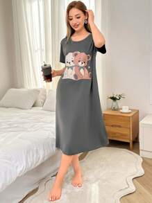 Dream Adore Women's Casual Round Neck Short Sleeve 2 Bear Print T-Shirt Nightgown