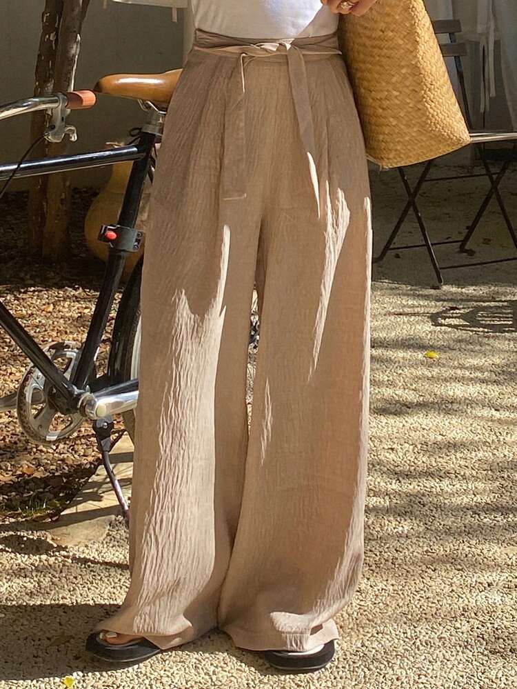 Textured Fabric Drawstring Waist Wide Leg Loose Casual Women Pants,Teacher Pants