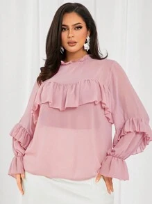 SHEIN SXY Camisa de chifón rosa con decoración de volantes romántica para el Día de San Valentín para mujer de talla grande, adecuada para uso diario, citas, cumpleaños, despedida de soltera, fiestas, bailes de graduación, citas en pareja, elegante, casual, compras, uso al aire libre, coqueta, fácil de combinar y estilizadora, que resalta tu figura y favorece tu silueta
