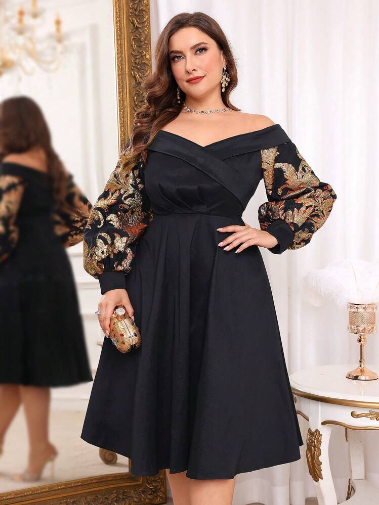 SHEIN Belle Plus Size Black Satin-Backed Jacquard & Organza Patchwork Off-Shoulder Dress, Elegant Party Dress, Wedding Guest Dress