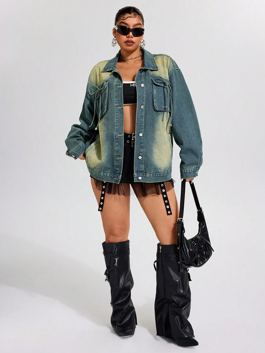 SHEIN ICON Plus Size Versleten Denim Jeansjack voor Dames