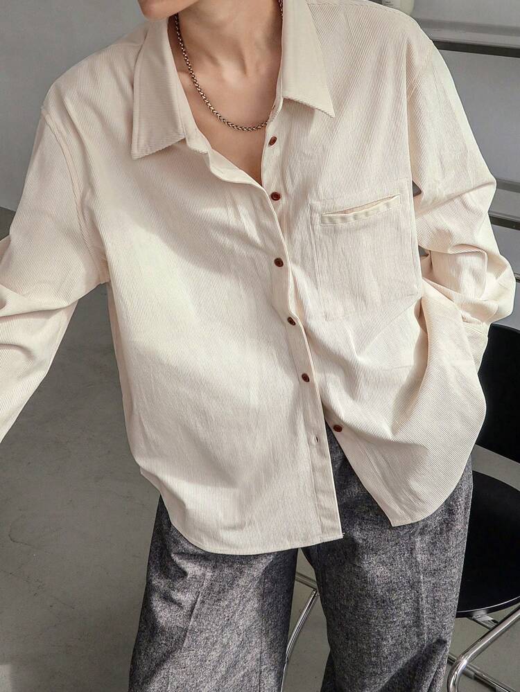 Loose Solid Color Minimalist Design Pocket Long Sleeve Shirt For Women,Fall Women Clothes Business Casual Woman Work Clothes