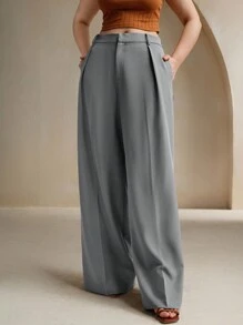 Anewsta Plus Size Women's Elegant Fashion Straight-Leg Office Wear Casual Pants, Black - Light Grey - View 3