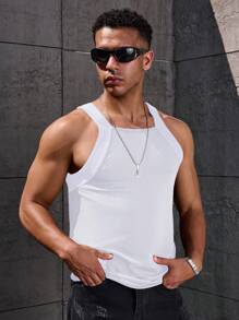 Manfinity Hypemode Top de punto acanalado de unicolor para hombre para verano, top sin mangas liso casual para regalo de novio - Blanco - Ver 3