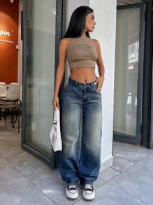 EURMUSE 100% Baumwolle einfarbige hohe Taille Vintage Waschung Gerade Jeans - Mittele Waschung - Übersicht 7