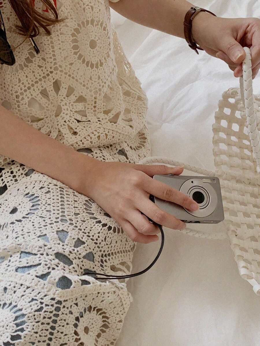 DAZY 女士蕾丝中长款背心式长款罩衫假日花朵夏季度假海滩 - 杏色 - 查看 1