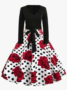 SHEIN Clasi Vestido midi de línea A con estampado de lunares y flores, mangas abullonadas, elegante y vintage, tallas grandes para mujeres, perfecto para el Día de San Valentín