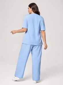 TaskEZ Plus Size Women Solid Color Loose Short Sleeve Blouse With Pocket And High Waist Straight Leg Pants Scrub Uniform Set - Baby Blue - View 2