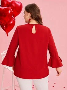 SHEIN Clasi Große Größen Damen einfarbige Bluse mit Rüschensaum und Glockenärmeln, elegant für Valentinstag, Festivals, Boho, Vintage-Stil - Rot - Übersicht 2