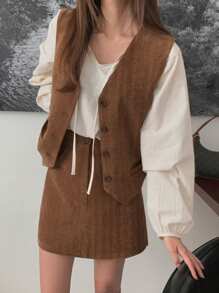 DAZY 2pcs Women Texture Fabric Waistcoat & Mini Skirt Set, Khaki, Spring/Summer/Autumn Lounge Sets For Women - Khaki - View 3