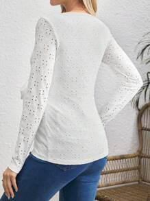 SHEIN Maternity Solid Eyelet Embroidery Tie Front Tee - White - View 2