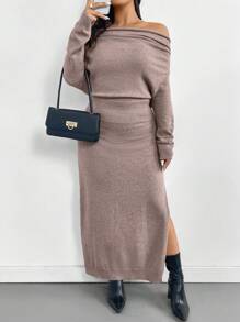 SHEIN Privé 大码优雅简约露肩收腰修身弹力开衩毛衣连衣裙，适合工作、春/秋/冬 - 咖啡棕 - 查看 6
