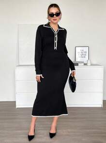 SHEIN Essnce Plus-Size Women's Fishtail Dress, Black Wool Dress, Women's Dress, Elegant Women's Dress,New Years Dress Women New Years Dress,Black Fall/Winter - Black - View 4