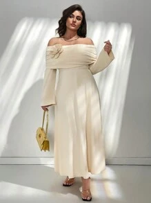 Firerie Vestido de talla grande de elegante unicolor con hombros descubiertos, decoración floral y mangas acampanadas para el Día de San Valentín - Albaricoque - Ver 5