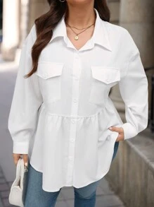 SHEIN VCAY 加大码白色纹理条纹腰部收褶 A 字形长袖衬衫，带胸袋，休闲度假衬衫